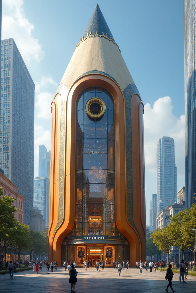 Shopping mall shaped like a pencil sharpener seen from outside



