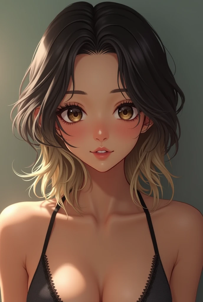 1girl, hispanic asian, medium length black blonde ombre hair, olive complexion, dark brown eyes, wearing a bikini, room, high res, ultrasharp, 8k masterpiece, looking at viewer