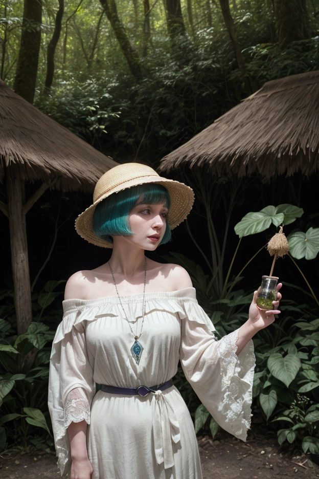 high fashion photography of a stocky old woman as a ((potion master)) with ((low fade haircut)) In flapper style,evoking the lively 1920s jazz scene.,dressed in white off-shoulder top,wide sleeves,straw hat,textured fabric,swimming pool,green lawn,outdoor setting,blue sky,daytime,Standing straight,hands on hips,facing camera,Vertical orientation,Eye-level shot,Straight angle,Centered subject,in an ancient enchanted forest,colors,(slightly above:1.3),shot on Fujifilm X-S10 with Fujinon XF 10-24mm f-4 R OIS WR,photo by Flora Borsi 