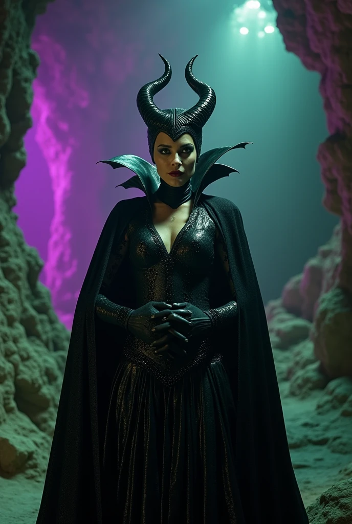 A stunning portrait of Maleficent in the process of transforming into a dragon, she is not quite human, yet not quite a dragon, location is dungeon interior, purple and green light, 