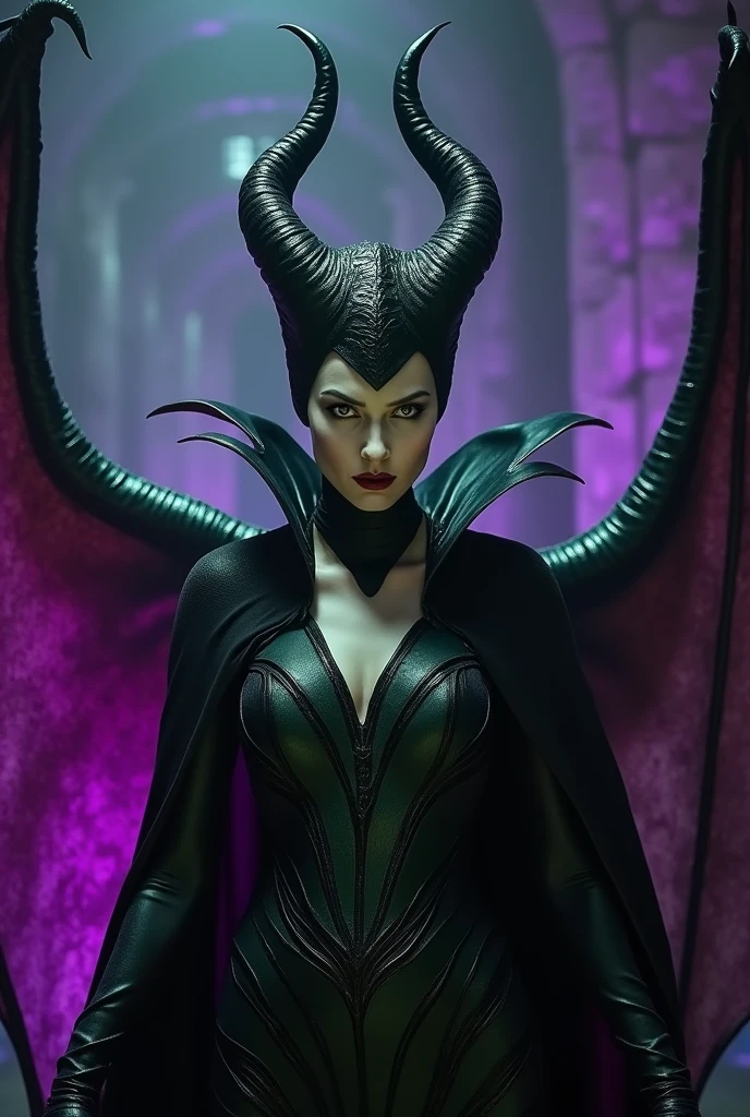 A stunning closeup portrait of Maleficent in the process of transforming into a dragon, she is not quite human, yet not quite a dragon, location is dungeon interior, purple and green light, breasts, powerful, pale glowing eyes