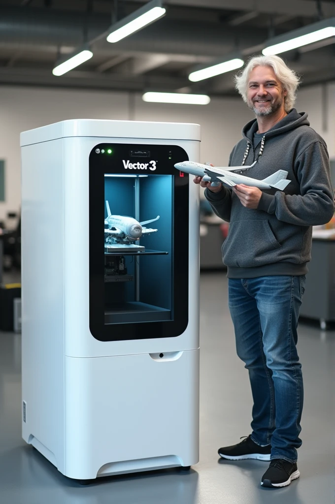 3D printer in a white case with a glass door, on the body there is a logo "Vector 3". There is a man of about 20 standing nearby. , WHITE , shaggy hair, in jeans and a fleece shirt. A man holds a printed model of a toy airplane and rejoices .