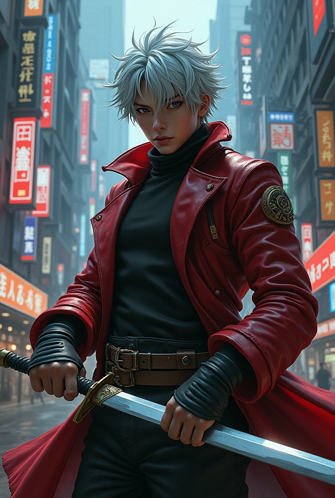 Gintoki Sakata from Gintama,wooden sword,cyberpunk, ultra-detailed 