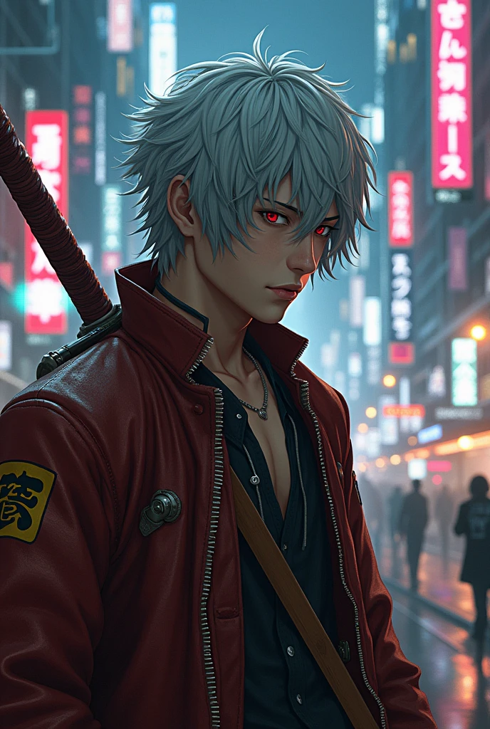 Gintoki Sakata from Gintama,wooden sword,cyberpunk, ultra-detailed