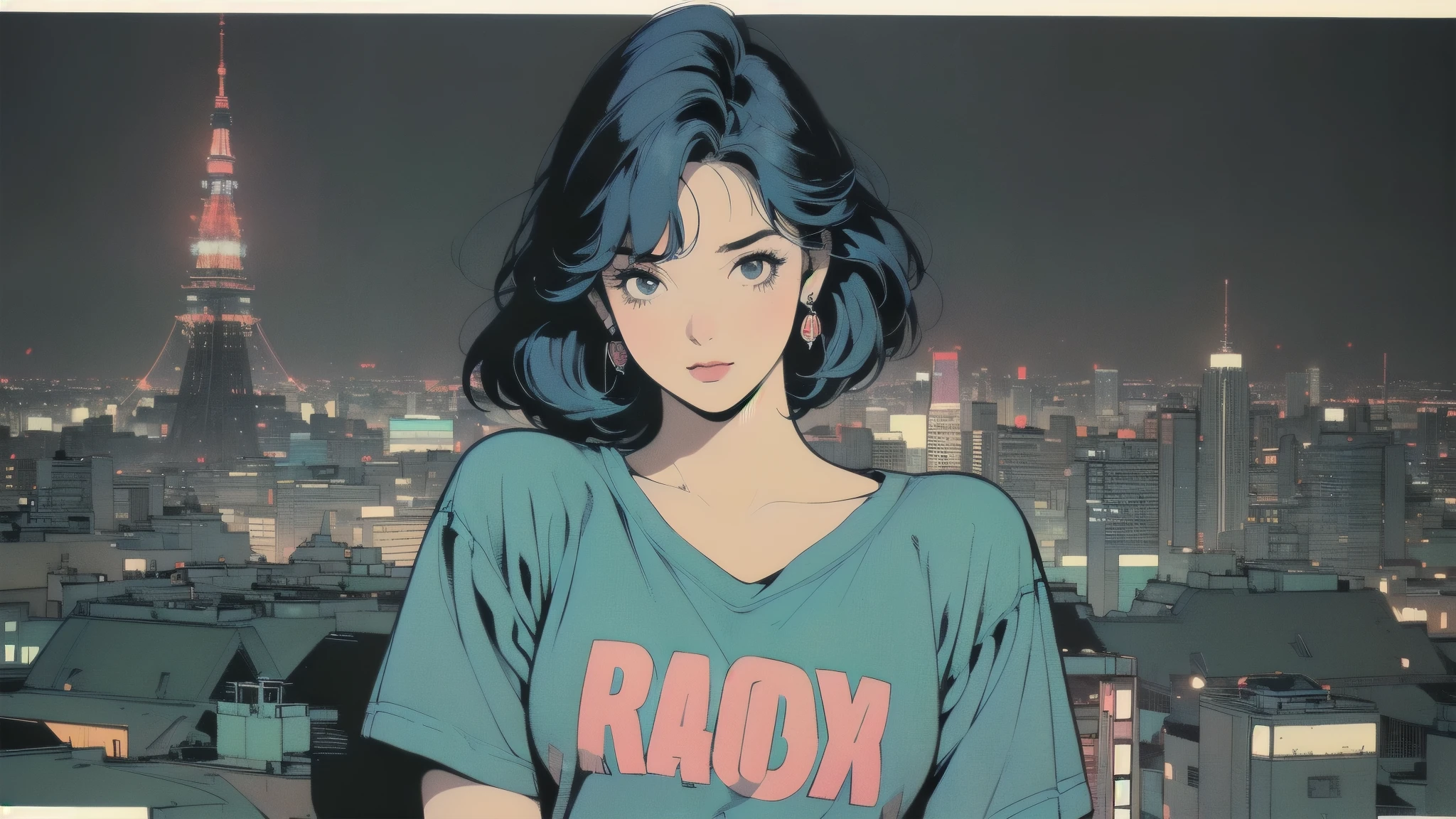 (((Masterpiece, top quality))), most detailed background, (((flat chest))), (((32K wallpaper))), (((retro night city and woman))), (((woman with Tokyo Tower in the distance))), (((Tokyo Tower is one))), most detailed background, (((night city))), (((flat chest))), (((( surrounded by many intricate and sophisticated retro cityscapes, )))) upper body, (((1:1:1 ))), upper body, (((1:1.2 ))), (((overall colorful))), perfect retro atmosphere, (((perfect face))), (((most complete retro city))), thin hair, short sleeve T-shirt, colorful hair color, (((HAPPY BIRTHDAY))),