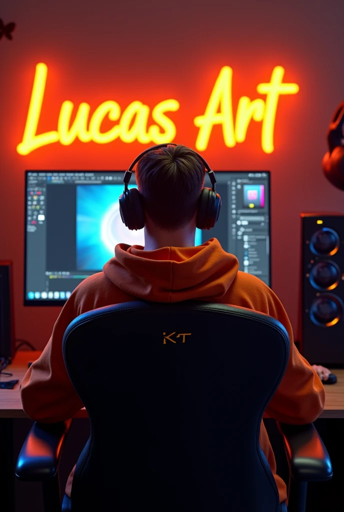 Create a realistic 3D image of a man sitting in a gaming room on a gaming chair and playing in the photoshop application on your pc. The boy should be wearing a dark orange hoodie and headphones and his name "Lucas Artt" is written on the wall with orange neon light.