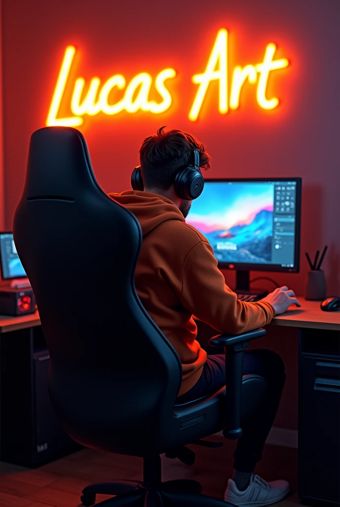 Create a realistic 3D image of a man sitting in a gaming room on a gaming chair and playing in the photoshop application on your pc. The boy should be wearing a dark orange hoodie and headphones and his name "Lucas Artt" is written on the wall with orange neon light.