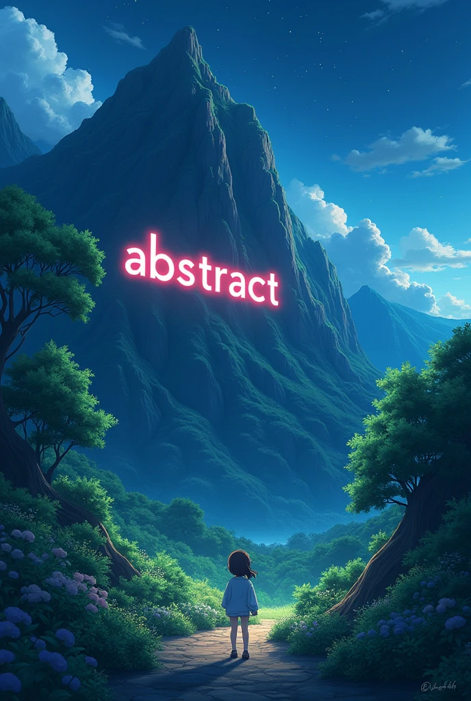 in anime world ABSTRACT is written on a mountain for cute hinata to see all green like Hollywood at night ..4k hd