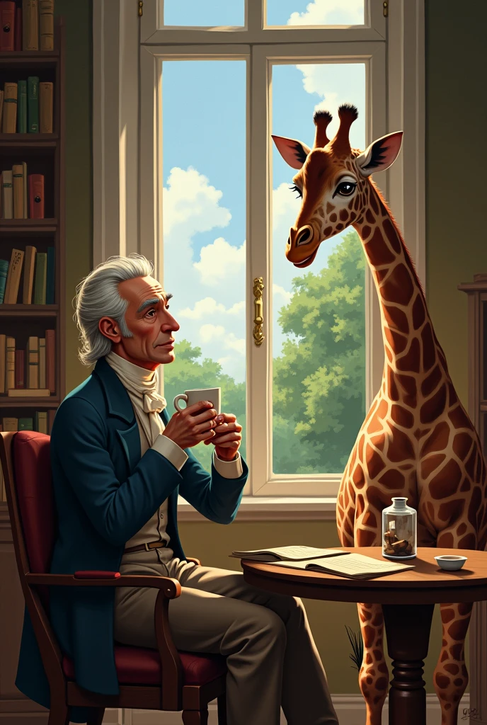create a 2D artwork as a graphic of Jean-Baptiste Lamarck drinking coffee with a giraffe