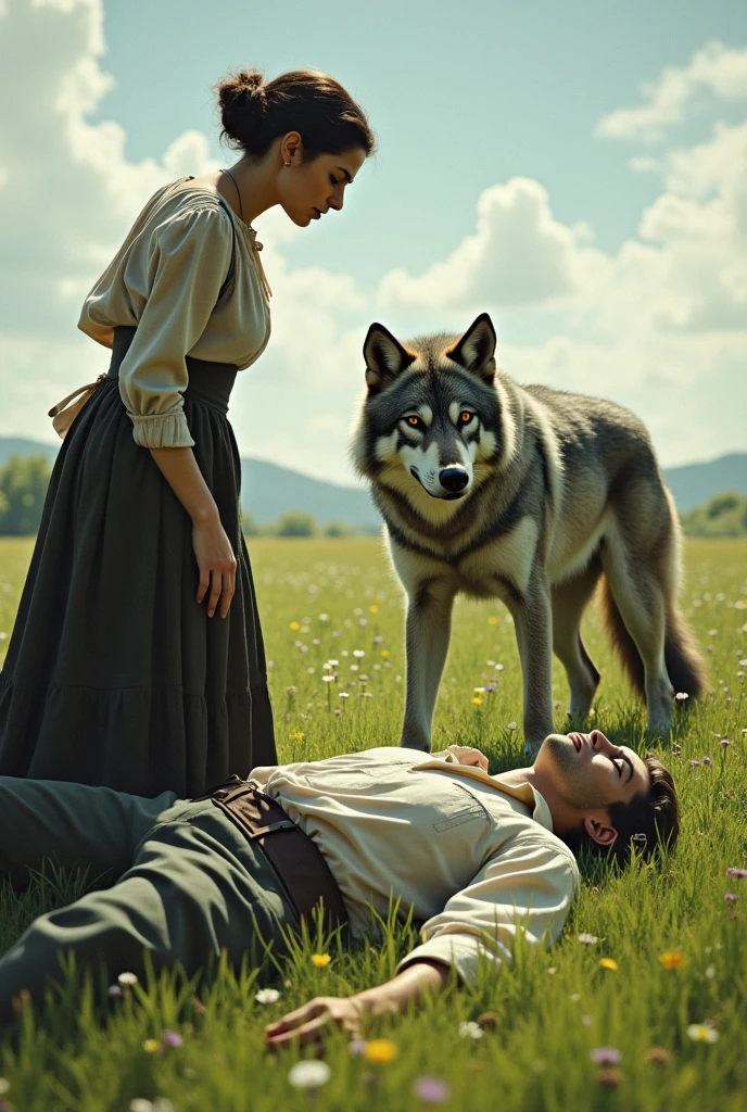 A worried woman,man on the ground in a meadow and with a wolf like the one from white fang there