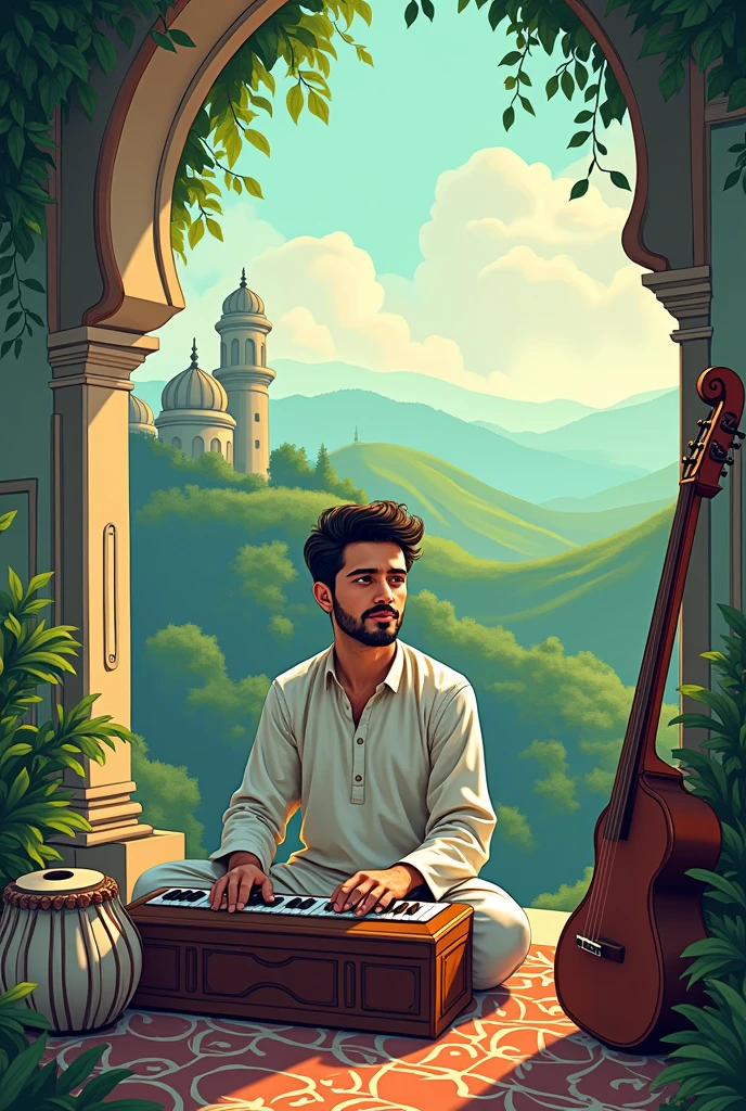Night background with moon
Hindustani hall
Inside hall a young handsome men with black diamond kurta with Hindustani music instrument
Besides him lamps n Tamil cultural stuffs
Around the hall river with swans and peacock on the rock with proud or in the top of hall
Trees
A bit far n peacock n building visible more more classy romantic n make the Tamil cultural top of everything Tamil building Tamil building not guitar but Indian music instrumental