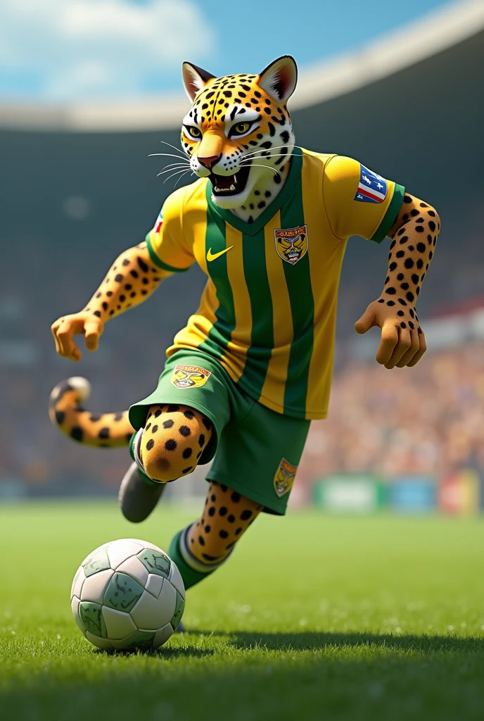 Create an image of a jaguar in 3D animation, This jaguar must be playing a soccer game, has to have an aggressive face, must have the Atlético Bucaramanga uniform, the shirt is yellow, with three green lines running vertically and a jaguar in the middle of the shirt, The shorts are yellow and have green edges on the right side and have a jaguar.