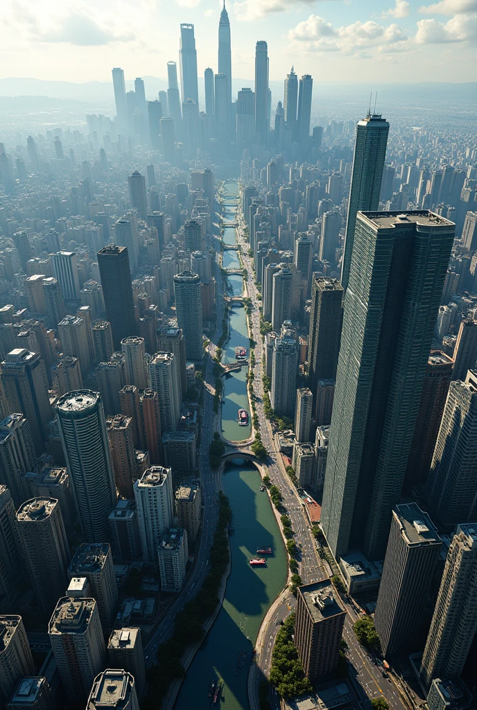 City of São Paulo Brazil, very dense with large skyscrapers, no empty spaces, near the Tietê River. Show the city from above.