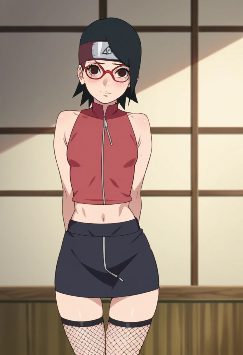 anime pano capture, 
1 girl,standing alone,Bblack hair,shorth hair, eyes black,skinny,cowboy shot, standing, forehead protector, pretentious smile,(don:1.1),(White shorts:0.8), black thighighs, thigh holster, arm warmers, bare shoulders, gazing at viewer, Full ar,pelvic,Glasses with red frames, cups,arms behind the back, Tilt your head, pelvic curtain, frontal viewer, waving arms, (( no shorts just the dress)) partially nude, exposed pussy, feeling in the dick 1.8