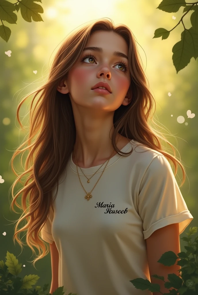 Make a picture of young girl with natural bagraund girl wear teashart with name shart name maria haseeb girl brown hair beutifull eyes girl locking to sun with romantic pose