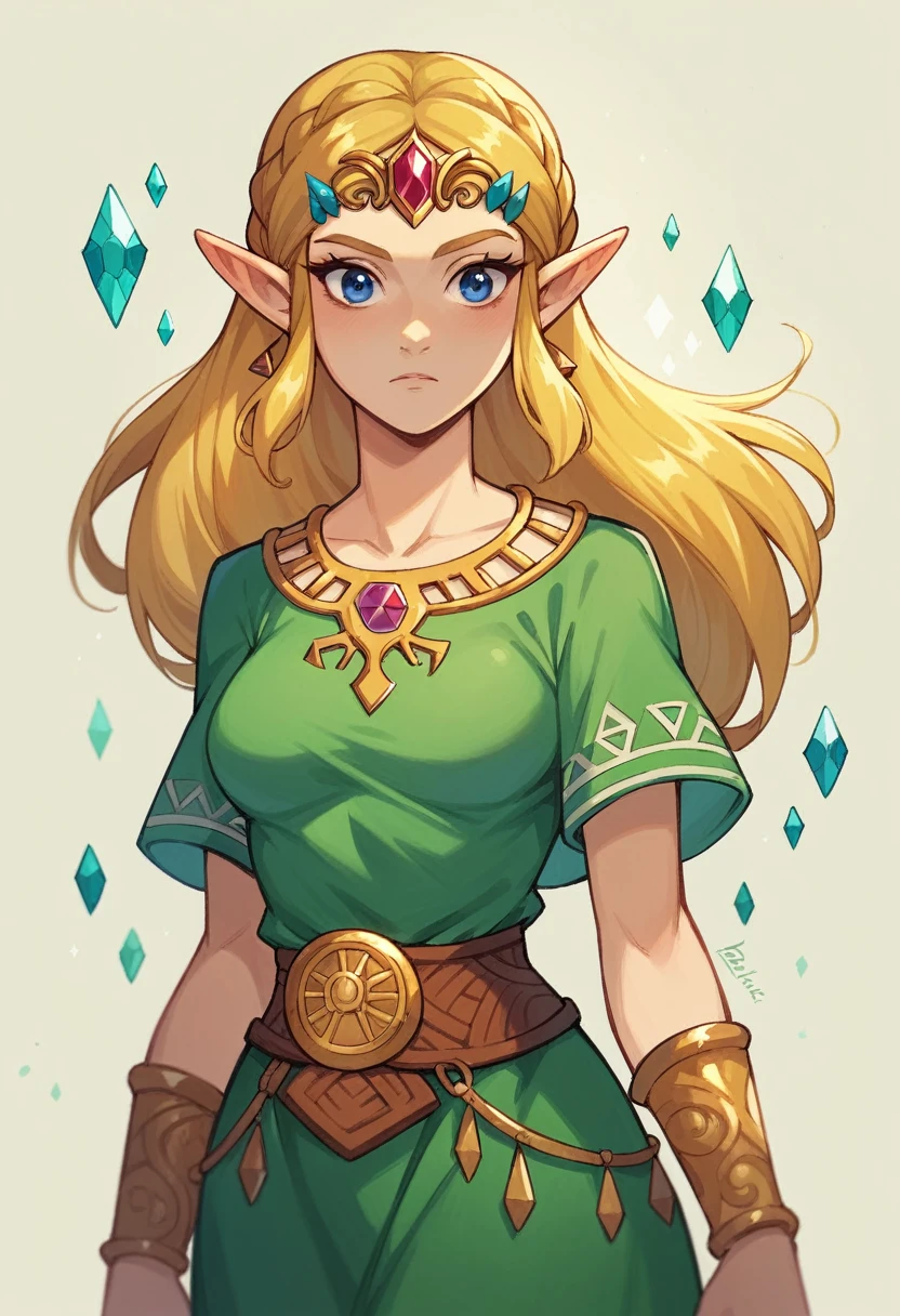 (masterpiece, best quality:1.1), 1girl, solo, (flat color:1.1), (zelda:1.1), from disney's brave, emerald and gold, Straight blonde hair, medium breasts,ñ, long green dress, blue eyes, (simple background:0.3), (solid circle eyes:0.7)