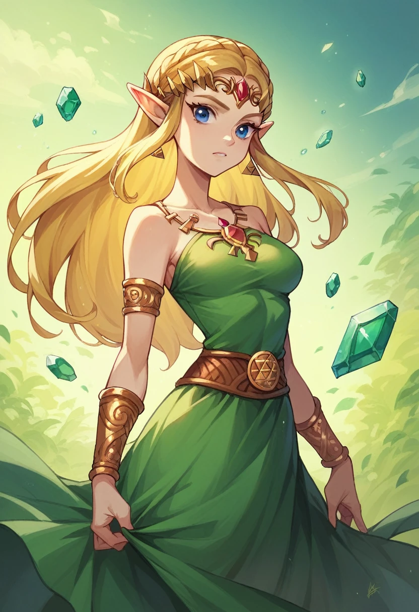 (masterpiece, best quality:1.1), 1girl, solo, (flat color:1.1), (zelda:1.1), from disney's brave, emerald and gold, Straight blonde hair, medium breasts,ñ, long green dress, blue eyes, (simple background:0.3), (solid circle eyes:0.7)