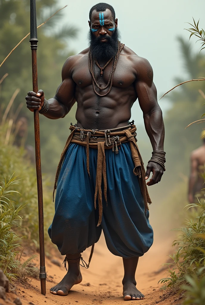 Black African man in cobalt blue pants with dagger weapons, iron on the waist and mariow the face with wind effect barefoot with a spear in hand in close up , in an African dirt site with some foliage . hyperrealistic image