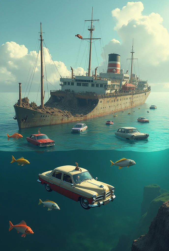 A ship with lots of car suddenly the ship carshed but car is still running over the water and fish are playing