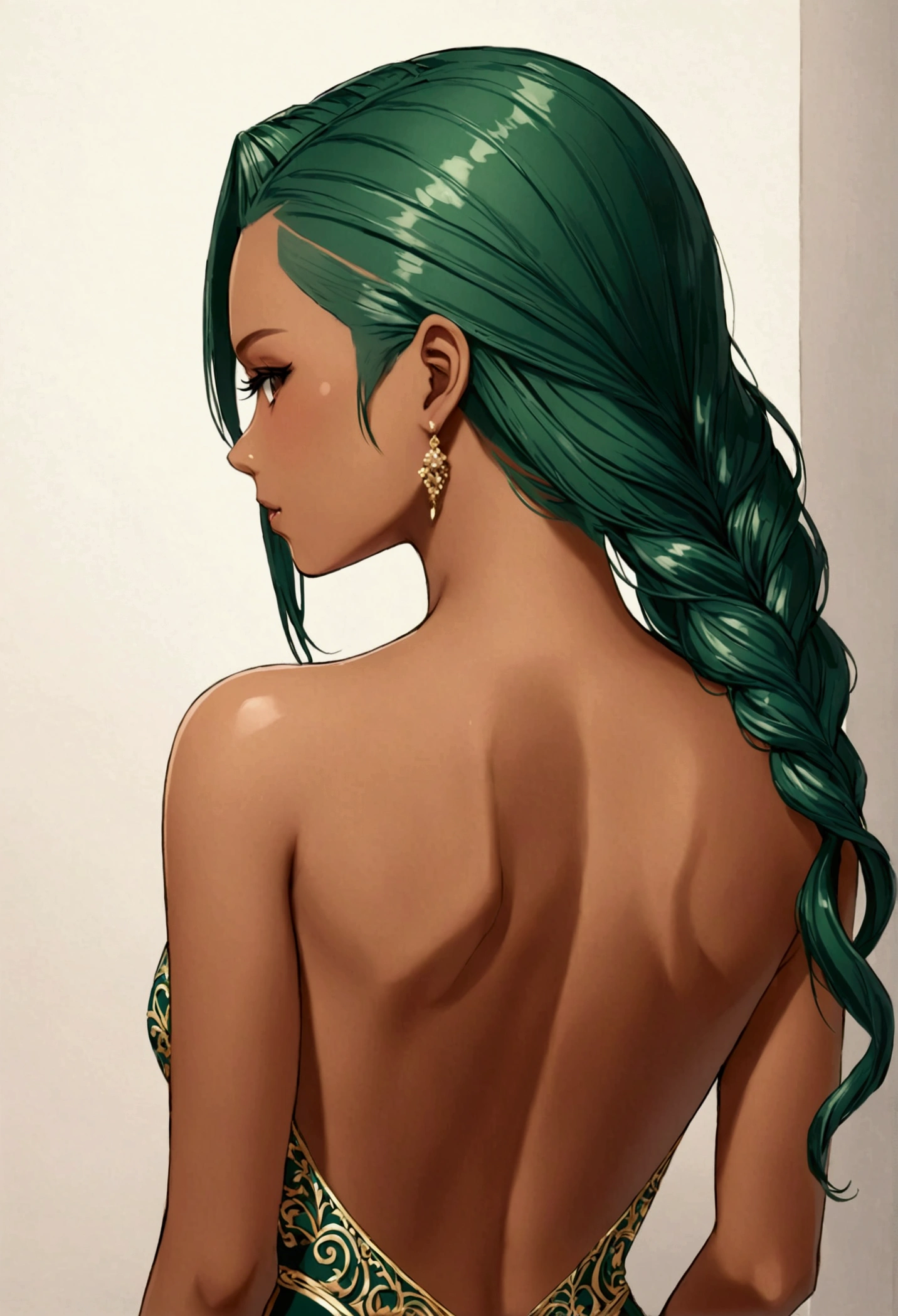 Tan skin Girl Back view
dark green long hair with sideshave undercut
