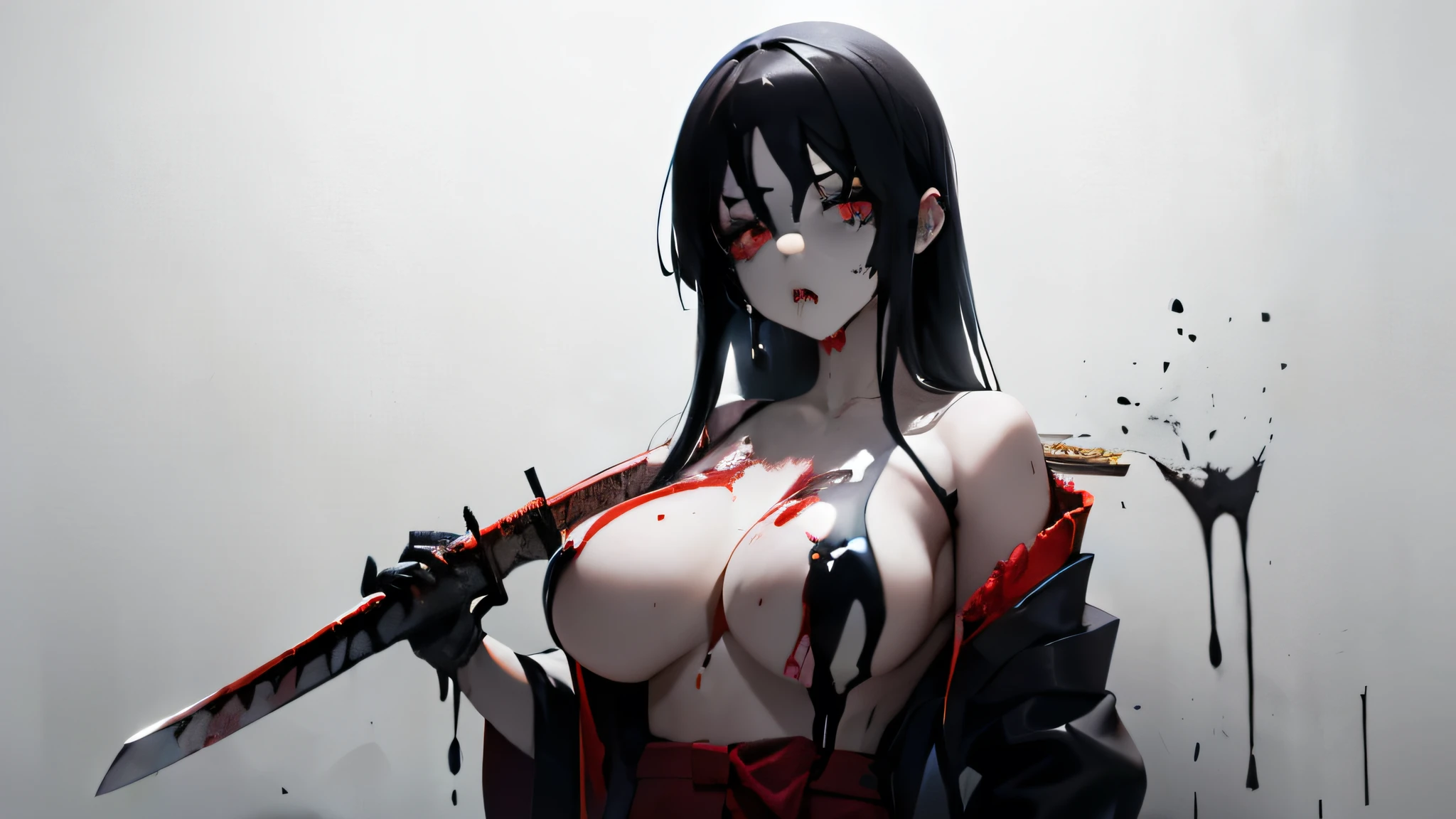  simple background, monochrome, horror (theme) there is a broken picture, black paint splatted, red blood splatted, smoked, red blood  (((anime girl character))), big boobies, wearing a mask, (((she is holding a bloody samurai sword))), (((dismembered corpses in the background)))