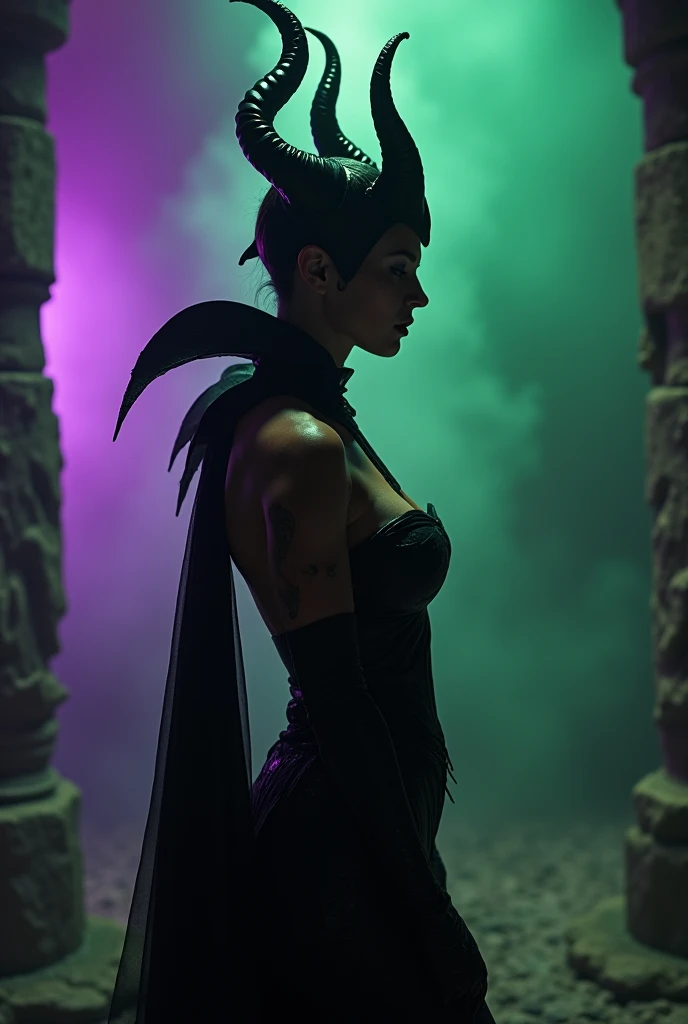 A stunning silhouette portrait of Maleficent, young and beautiful, hyper realistic, real portrait, backlit, exquisite features, cleavage, sexy, seductive, unnatural light, soft light, location is the interior of a dungeon, green light, eerie, purple highlights, she is smirking, she is busty, her chin is raised, looking down at viewer, low angle shot, h her body is nude, naked and powerful