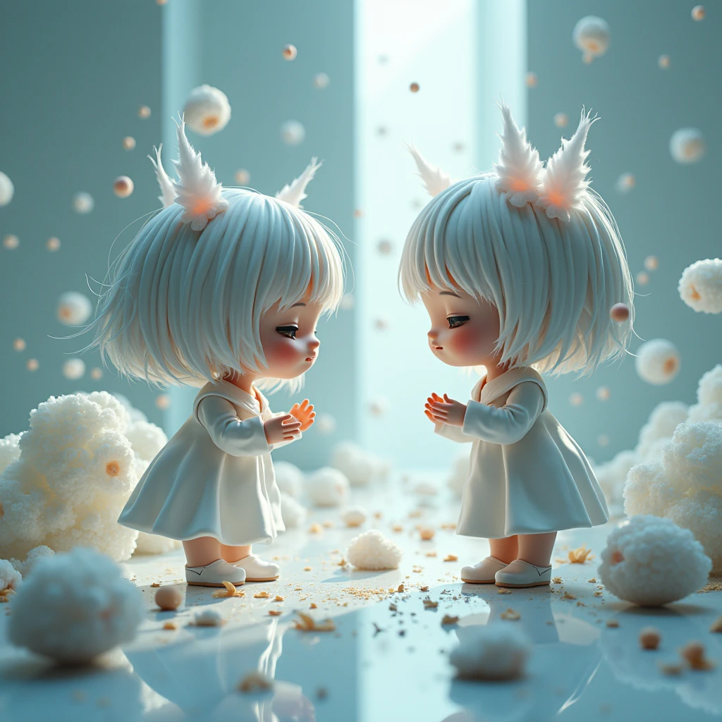 Images captured under an electron microscope show chibi girl characters trying to convey something, round cropped image, conceptual installation art, (ultra detailed, absolutely resolution, best quality:1.3), 2.5D, delicate and dynamic effects, artistic, hyper, graphic CG digital fantasy art