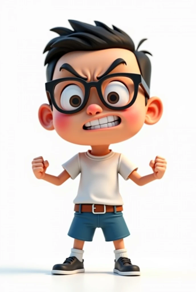 3D animation young thai boy big head, glasses, (make an angry face and up his fists), white shirt blue short pants brown belt, white socks, black cut shoes, on white background.