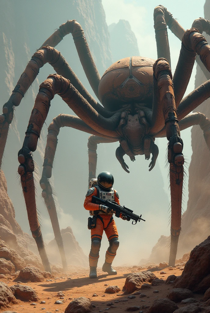 An astronaut fighting giant tarantulas 