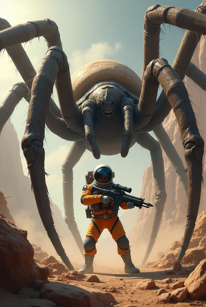 An astronaut fighting giant tarantulas