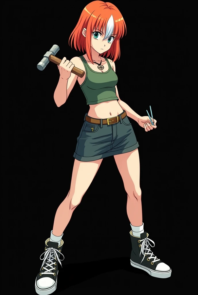 ((red eyes)), girl, (((with a knife))), (((horizontal yellow-green striped shirt with thicker stripes))), red glowing eyes, head tilted, short brown hair mushroom head with a clear smile on face, Chara\(Undertale\), two-dimensional, dark background, small golden flowers under feet, slightly tilted head, ((white socks)), ((brown leather boots)), ((black shorts))