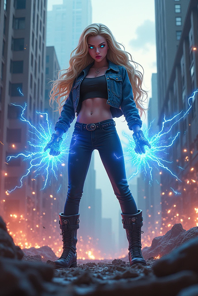 Full body image of an Evil teenage girl with immense power. Blonde hair and blue eyes, long legs, and glossy pink lips curled into a sadistic smile as she devastates Detroit with overwhelming energy blasts.