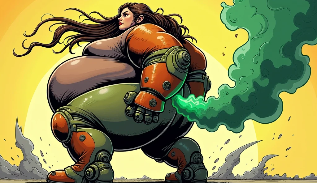 Long haired Obese female woman wearing metroid-esque armor farting and releasing green stinky gas from her butt, comic book artstyle