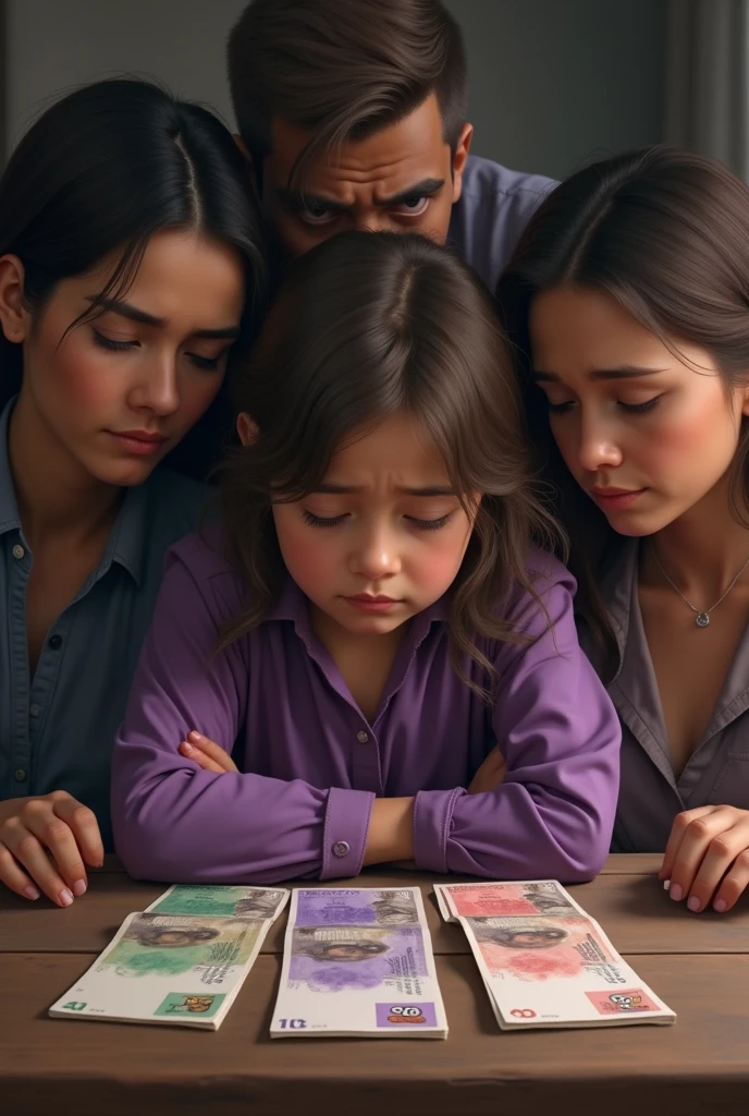 White skin colored girl, Brown hair, purple blouse and pants, sad with his parents also sad and on the table there are 3 Colombian bills, and the girl looking sadly at the bills