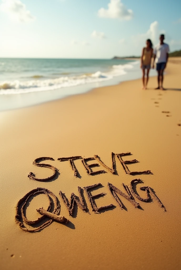 Name"Steve qweng" deep handwritten with a stick on kenyan beach sand with unclear teens at a distance
