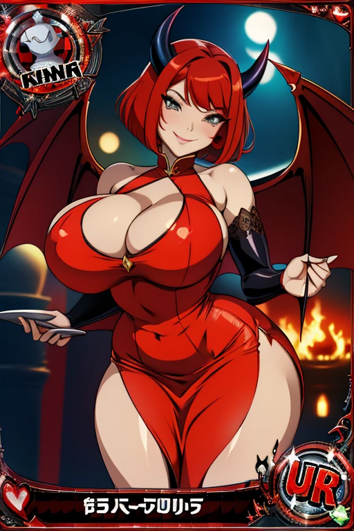 trading card, devil, sexy pose, big breasts, curvy, smile, bob haircut, sexy china dress, redhead, bat wings, horns, in middle hell
