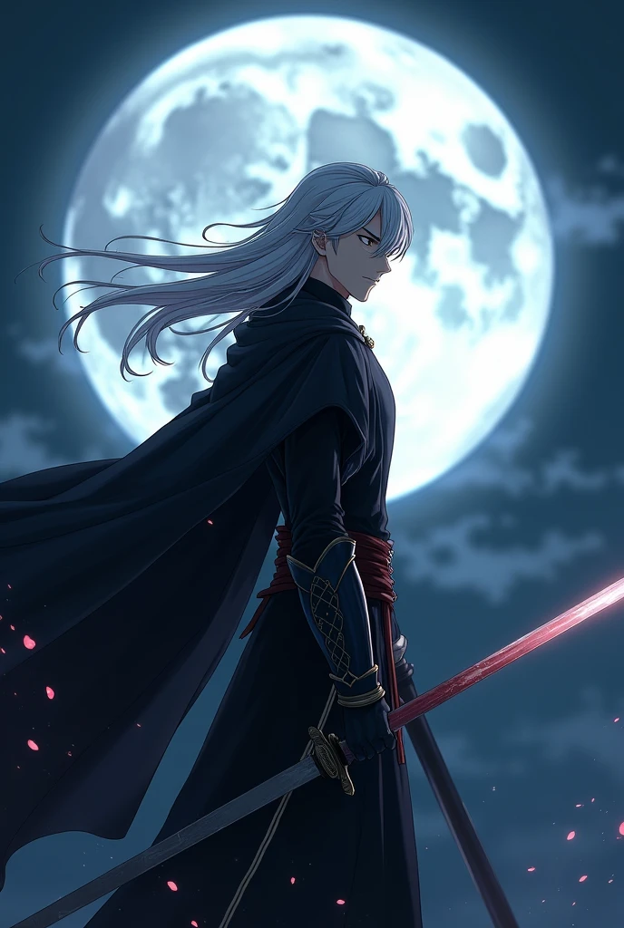 Male sword fighter with white hair and a moon in the background in anime character style from sword art online possible as profile picture