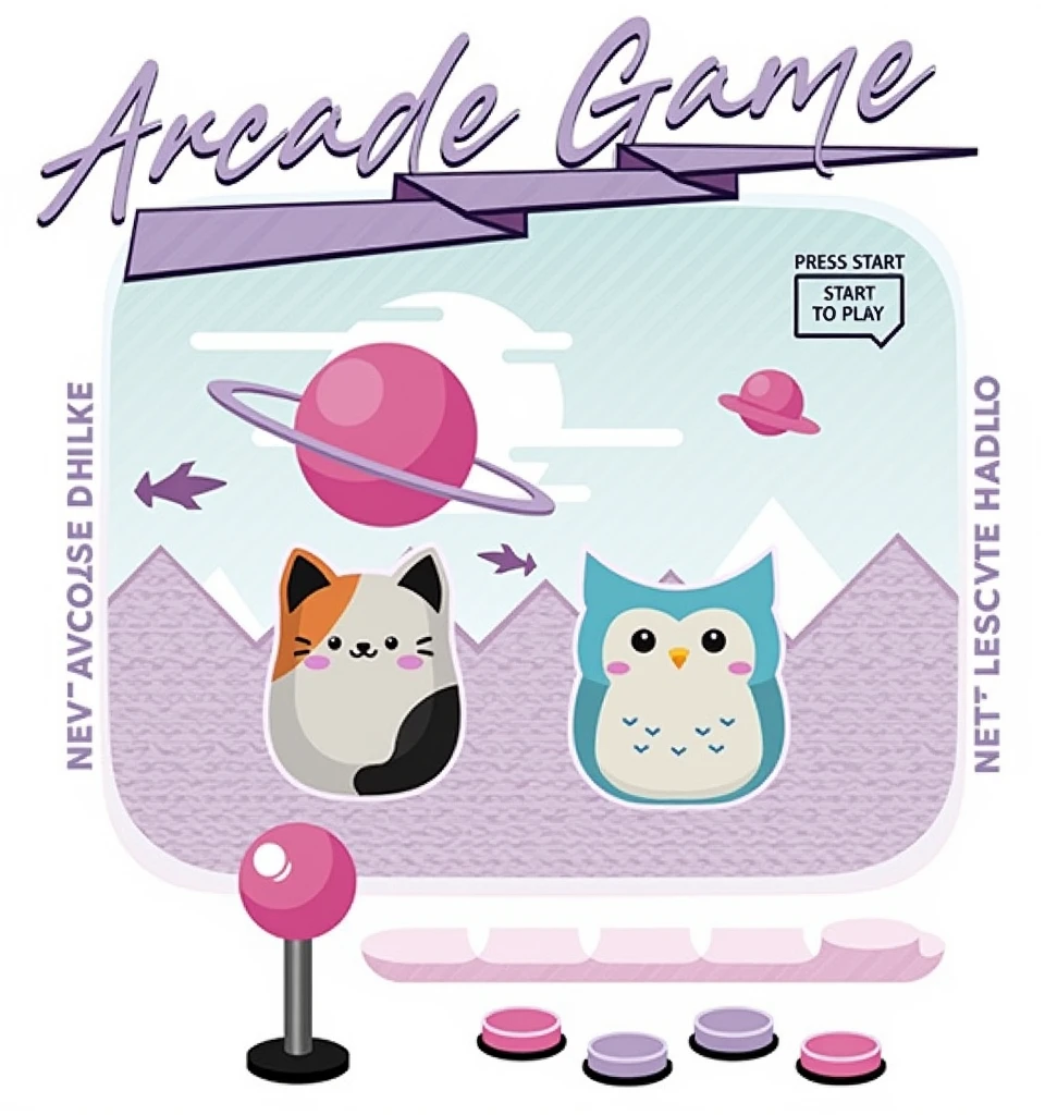 create spectacular art. The image is a stylized graphic with a pastel color palette., predominantly in shades of pink, purple and blue. no topo central, There's the text "Arcade Game" in a fun font with a slight shadow effect. Below this text, ((there are two cartoon style squishmallow animals: to the left, a cat with orange and white fur and closed eyes that suggest contentment; On the right, an owl with blue and white feathers and big round eyes. Both animals are sitting.)), No fundo, there are graphics that resemble mountains in various shades of purple with white outlines that give them a geometric appearance "metaverse style". Above these mountains, float three small spaceships and one larger ship. There is also a large pink planet-like object with rings around it.. Na parte inferior da imagem, there is an arcade game control panel with a joystick on the left side, which has a pink top and a light blue base. To the right of the joystick, there are four buttons: three smaller ones aligned horizontally in light pink colors, dark pink and blue, respectively; Beneath them, there is a larger button in dark pink. No canto inferior direito da imagem, there is additional text saying "PRESS START TO PLAY" inside a speech bubble shaped button design.