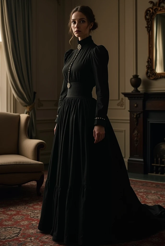 styled: The photo should have a sepia or black and white effect to give the impression of antiquity..
enviroment: A background that refers to the 19th century, like a living room with dark wood furniture, heavy curtains and an oriental rug.
charachter: Justina may be portrayed as a woman over 40, believer in a long black dress. Your hair may be tied up in an awkward bun.
Accessories: believer's clothes.
expression: An eogistic look, comment and intriguing.