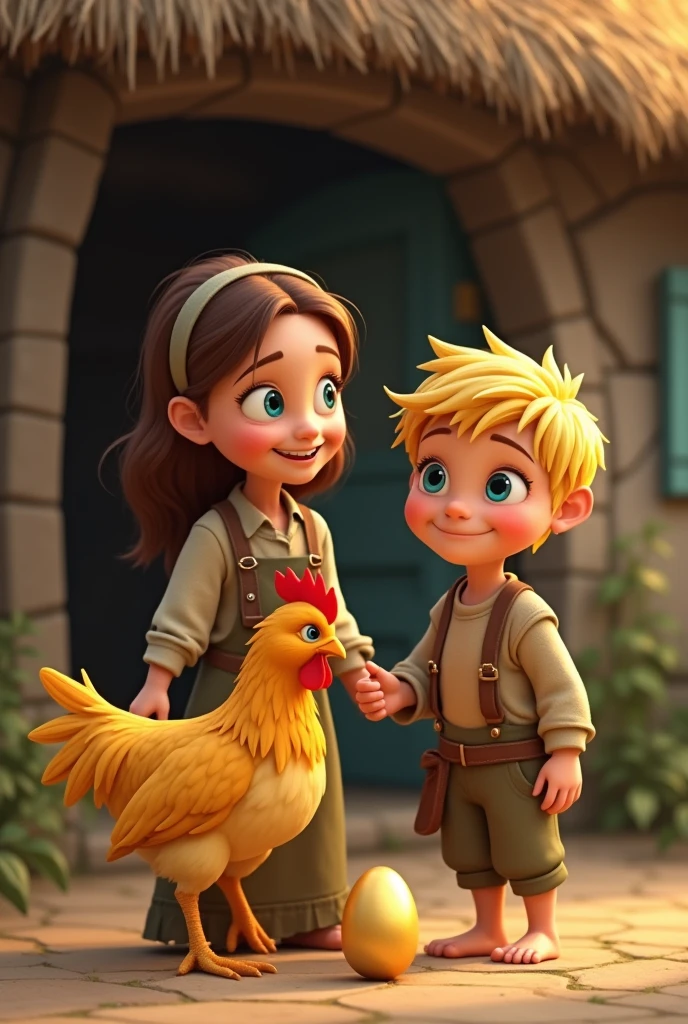 Animated. Young blonde boy with blue eyes is showing his beautiful and poor mum his hen. The mum has brown hair and poor cloths. The hen has a golden egg next to it. the mum and the son are happy. A cottage is shown in the background.