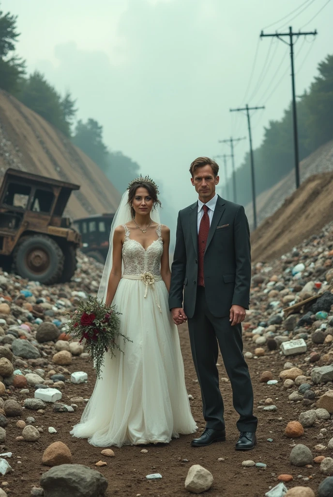 Two people getting married in a dump