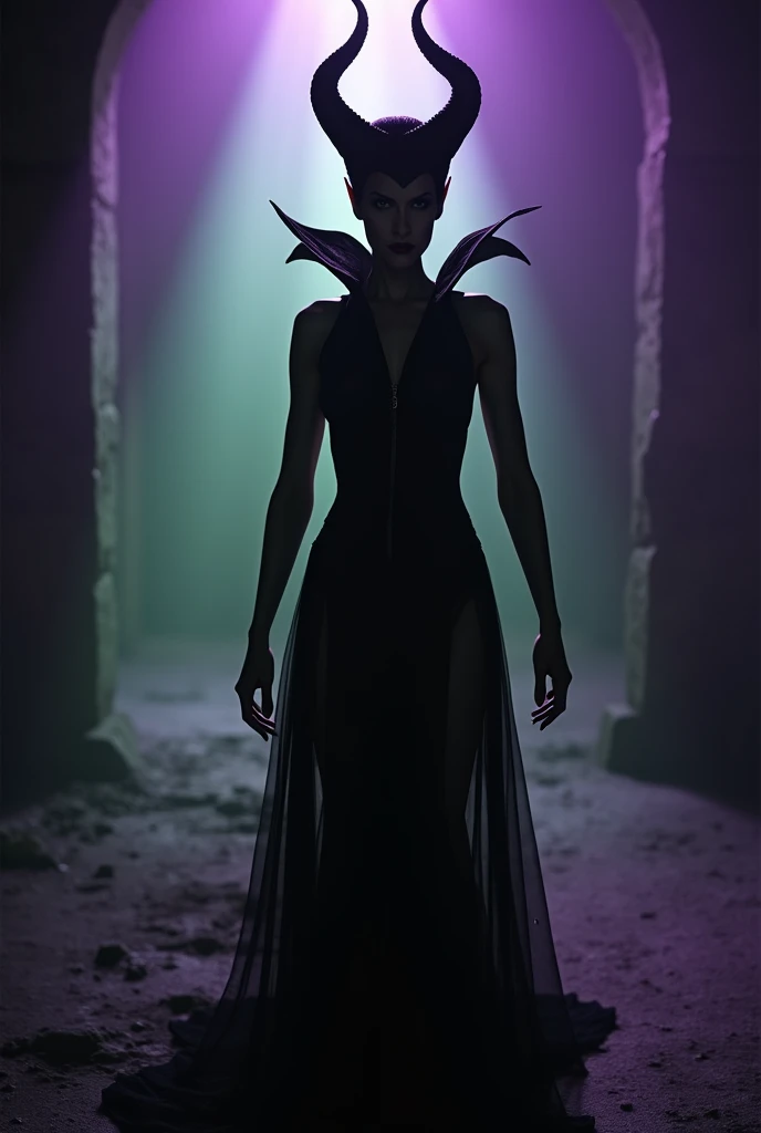 A stunning nude silhouette portrait of Maleficent in the process of transforming into a dragon, she is not quite human, yet not quite a dragon, location is dungeon interior, purple and green light, 