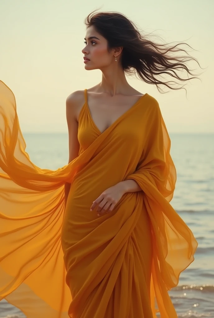 A girl in in white saffron saree, Deep v neck blouse,off shoulder, waist off, flowing dupatta,calm background