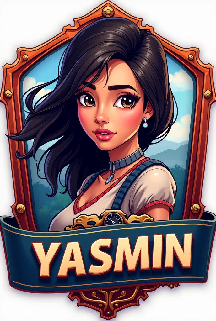 Create a badge in the theme of the movie Cars with the female character,with the name in the center of the badge written Yasmin, written under the name 992