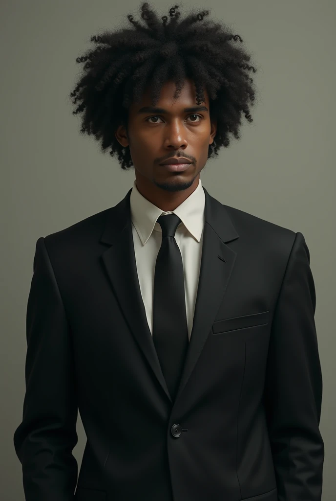 man, black curly hair sombre dressed in a suit