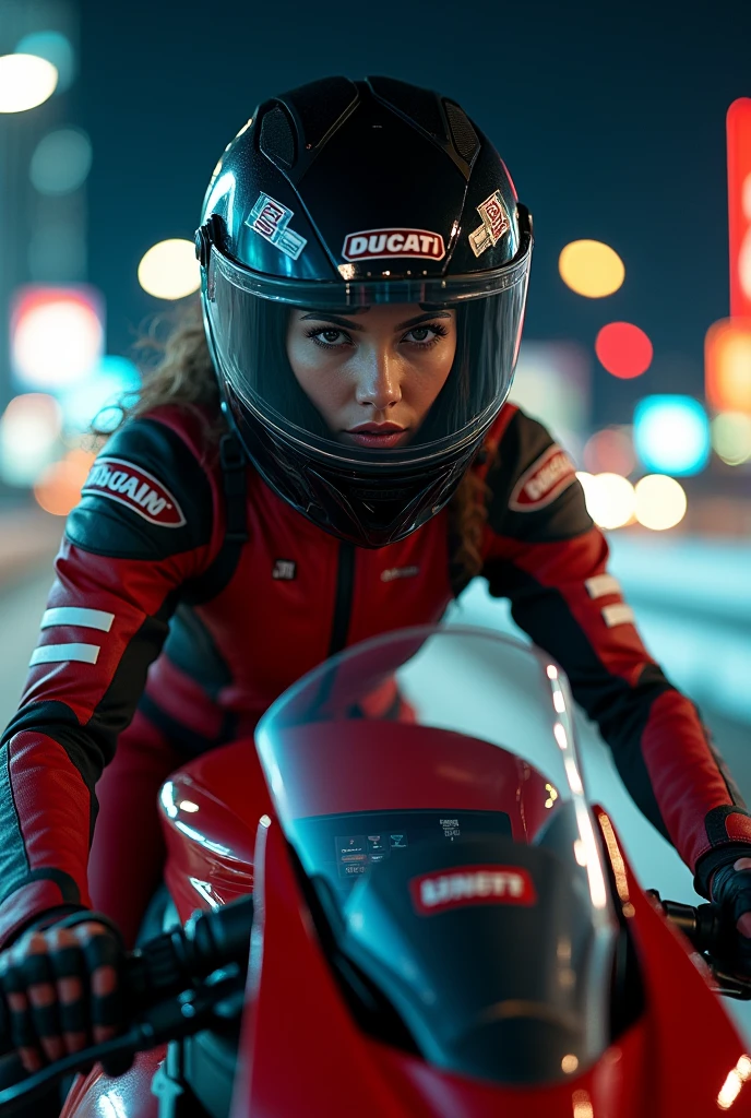 ultra-realistic, photorealistic, dramatic scene, shadow, global-illumination, beautiful girl, Riding on a super cool Ducati motorcycle, at highway in metropolitan at night, high speed, dramatic scene, masterpiece, face focus, clear helmet visor, beautiful eyes, Honda bike, Shoei helmet, professional racer's outfits, shoot from side, (face focus, close up to her beautiful face:1.6)
