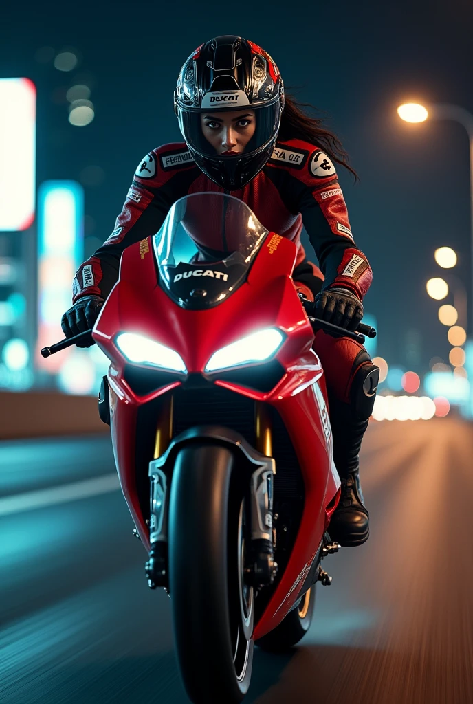 ultra-realistic, photorealistic, dramatic scene, shadow, global-illumination, beautiful girl, Riding on a super cool Ducati motorcycle, at highway in metropolitan at night, high speed, dramatic scene, masterpiece, face focus, clear helmet visor, beautiful eyes, Honda bike, Shoei helmet, professional racer's outfits, shoot from side, (face focus, close up to her beautiful face:1.6)
