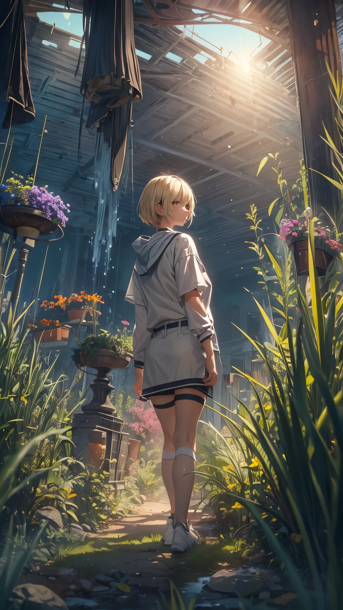 (best quality,4k,8k,highres,masterpiece:1.2),ultra-detailed,realistic,photorealistic:1.37, HDR,UHD,studio lighting,ultra-fine painting,physically-based rendering,extreme detail description,professional,vivid colors,bokeh,girl,lonely,((surreal scene)),((dark sky, giant glass land, ruined, vast grassland)),no one, blond short hair, girl in her twenties