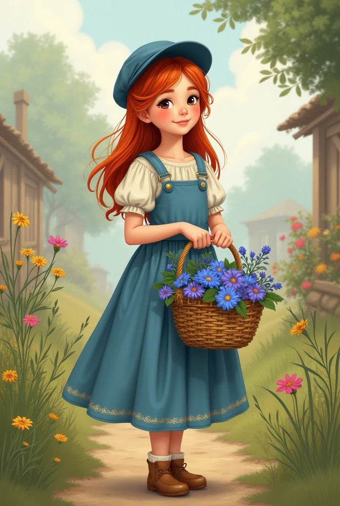 A peasant woman, 10 years, with blue dress and cap, with red hair holding a flower basket with flowers in blue and purple colors. In the style of illustrator Sarah Kay