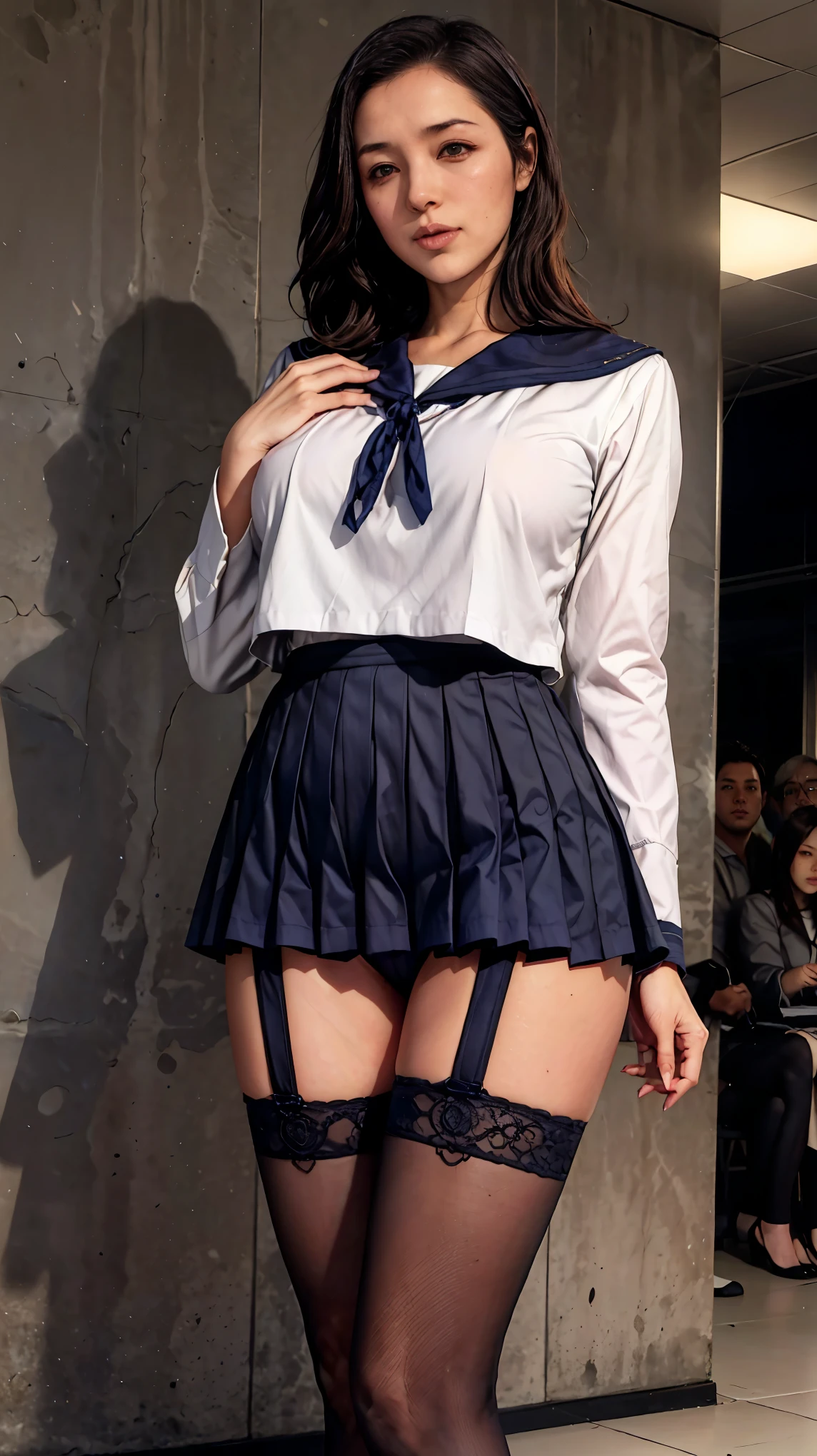 (masterpiece, Highest quality:1.2), One Girl, alone, whole body, Big Breasts,, Brown Hair,Big Breasts, Brown eyes, Mature Woman, blush, , she is standing on the street,whole body, Brown Hair, lipstick, ランダムなカラーのSailor suit、((High quality fabric, Sailor suit, Navy Pleated Skirt)), ((Short length)), zettai ryouiki, Exposing your thighs, White skin, (Black garter stockings), ((Wear black high heels)),, (Show me flipping up my skirt:1.2), (I like showing my crotch to the audience......., ), pubic hair,